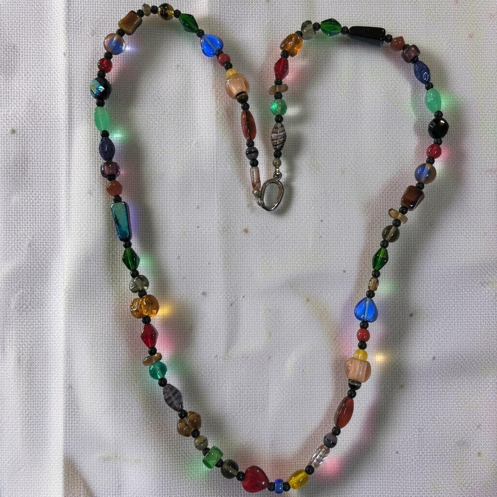 Vintage Multicolor Mixed Art Glass Bead Necklace 29in Harlequin Long Strand - Picture 11 of 15